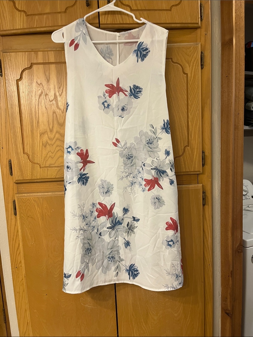 Sleeveless White Floral Shift Dress/Bathing Suit Coverup with Red & Blue Blooms